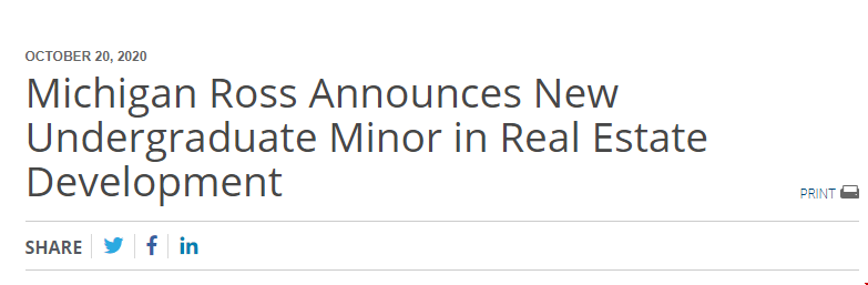 密歇根大学罗斯宣布新的本科副修房地产开发专业