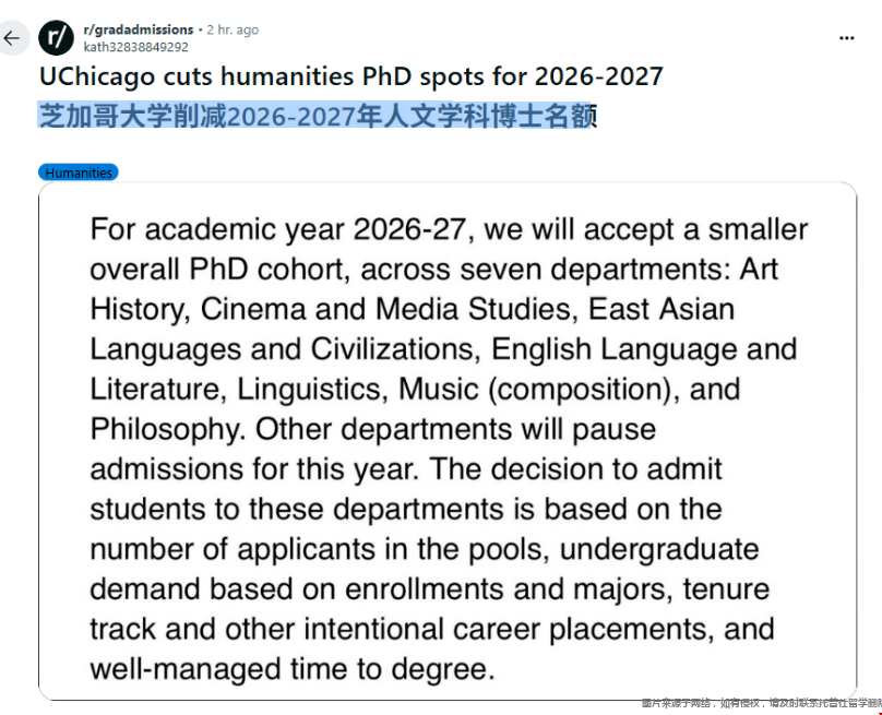 芝加哥大学削减人文学科博士名额