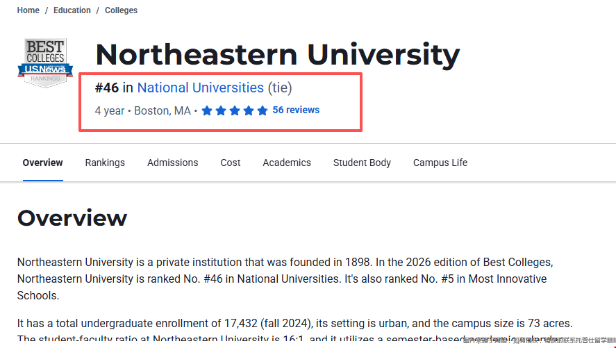 美国东北大学2026USnews排名