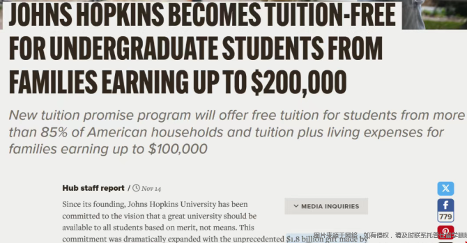 约翰霍普金斯大学免本科生学费.png 约翰霍普金斯大学免学费政策.png
